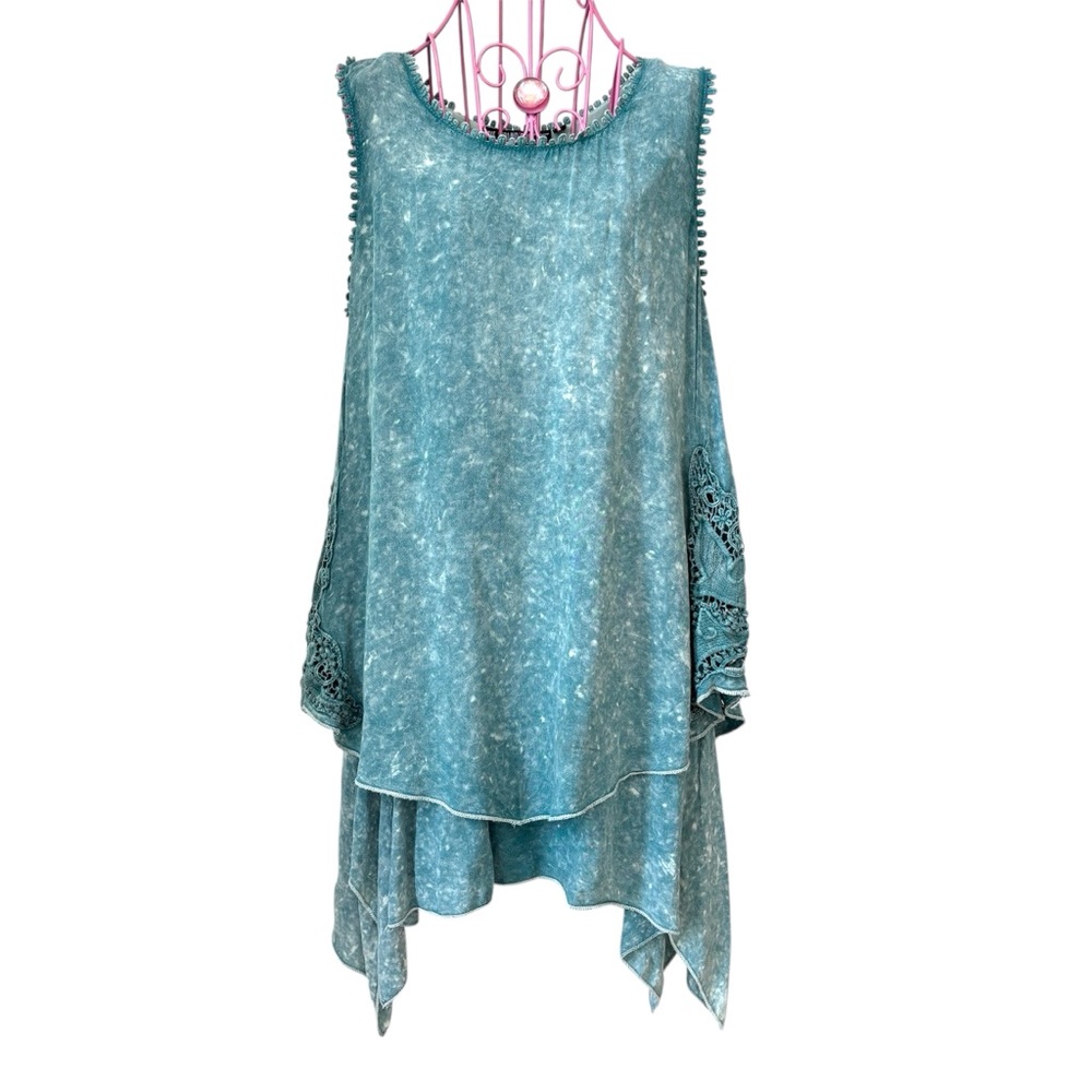 The Pyramid Collection Layered Boho Tunic Top Medium Green Lagenlook Crochet
